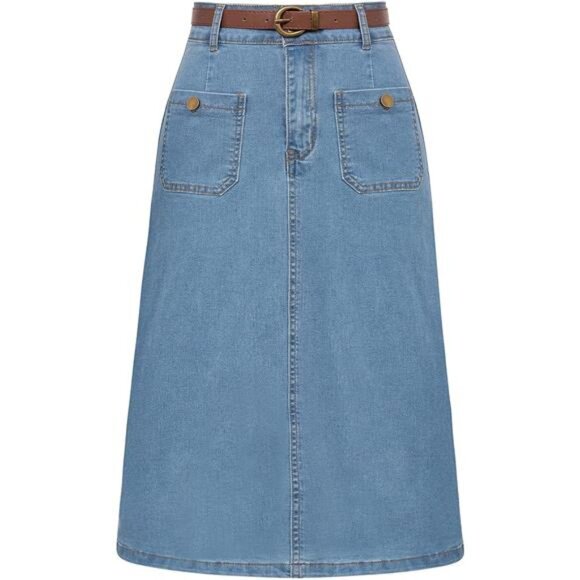 Denim Skirt with Belt Below Knee Length Light Blue - Picture 1 of 6